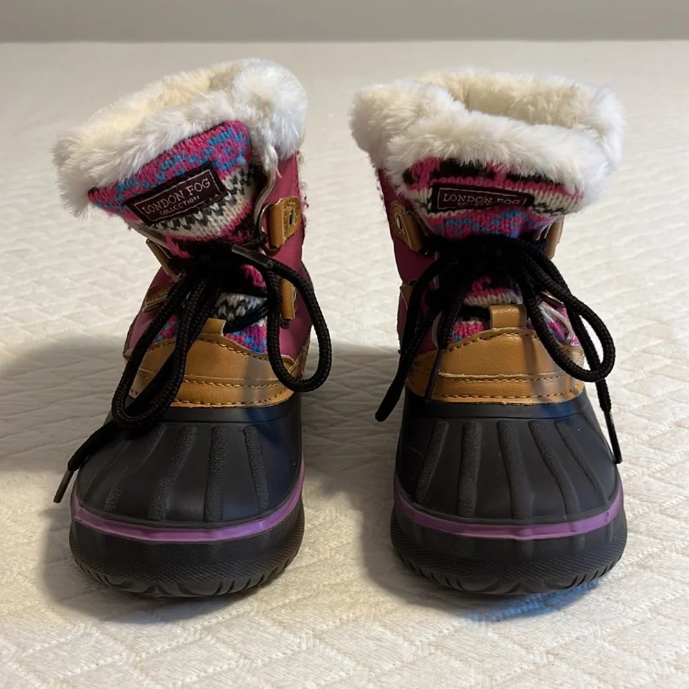 London Fog winter boots, sweater knit uppers, faux fur, pink/brown kids 10